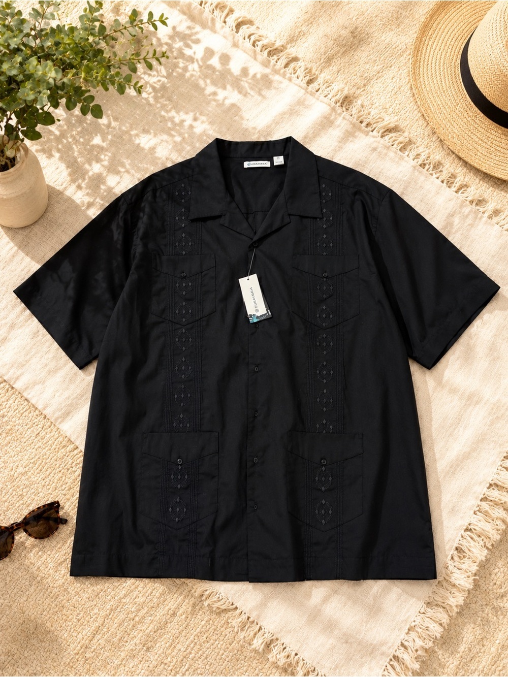 Men’s Cubavera Black Short-Sleeve Embroidered Guayabera Shirt